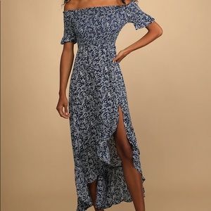 Navy Blue Floral Print Off-the-Shoulder Midi Dress